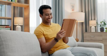 Poster - Home tablet, happiness and man typing, scroll or reading communication, blog or online shopping news, notification or announcement. Lounge sofa, data site and person search omnichannel discount deal