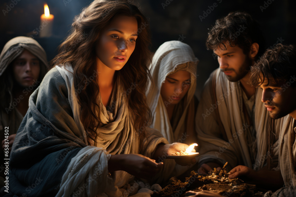 A nativity scene depicting the birth of Jesus, with Mary, Joseph, and ...