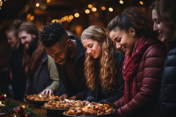 A group of friends and family joining hands and saying grace before a festive Christmas feast. Generative Ai.