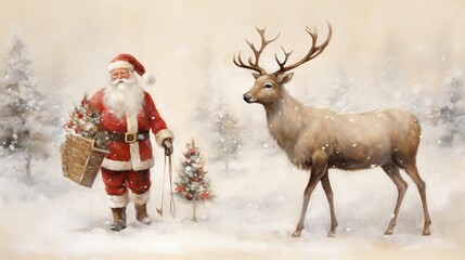 Sticker -  a painting of a santa claus and a deer in the snow.  generative ai