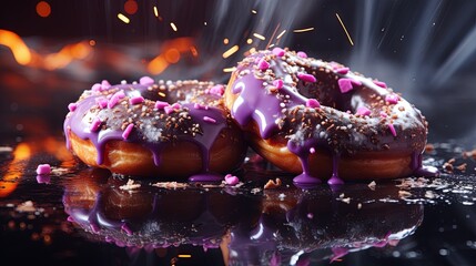  two donuts with purple glaze and sprinkles.  generative ai