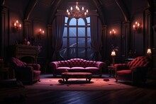 Interior Of Vast Vampire Castles Living Room. Сoncept Decorating, Gothic Design, Vampire Aesthetic, Luxurious Furnishings