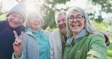 Peace Sign Selfie, Face And Senior Happy Friends Bond Together With Reunion Memory Photo Of Old Woman, Man Or Club. Morning Freedom, Nature Portrait Or Relax Elderly Group For Winter Profile Picture