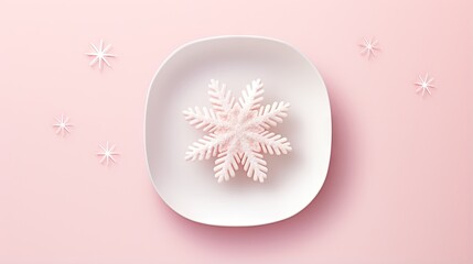 Sticker -  a white plate with a snowflake on it on a pink background.  generative ai