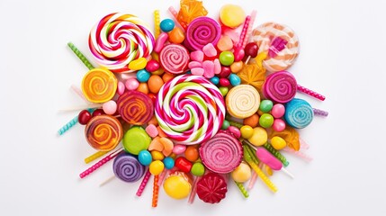 Poster -  a pile of assorted candy lollipops on a white background.  generative ai