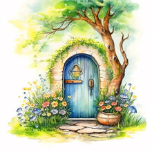 Fairy Tale Home And Flowers Watercolor Painting