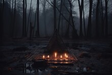 Witchcraft Ritual In Dark Gloomy Forest For Halloween. Сoncept Halloween Traditions, Witchcraft Practices, Dark Forest Ambiance, Spooky Rituals