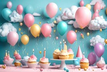 Craft A Warm And Inviting 3D Rendering For A Birthday Card Featuring A Scene With A Delightful Cake, Balloons, Gift Boxes, And A Handwritten Birthday Message. Use Soft Lighting To Create A Cozy Atmosp