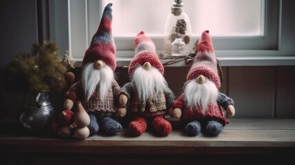 Christmas gnomes on the windowsill. Toned image. Selective focus. Generative AI.