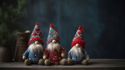 Handmade gnome with red cap on dark background. Christmas concept. Generative AI.