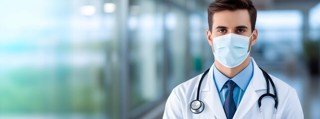 A doctor standing on blue background. Medical healthcare staff and doctor service. Banner, space for text