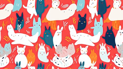 Sticker -  a group of cats and rabbits on a red background with orange and blue colors.  generative ai