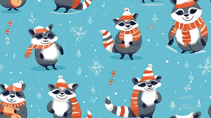 Poster -  a group of raccoons wearing hats and scarves.  generative ai