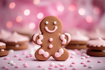 Wall Mural - cute tasty happy gingerbread pink decorated with glitter