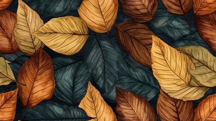 Sticker -  a painting of leaves on a blue background with orange and yellow colors.  generative ai