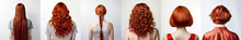 Various Haircuts For Woman With Red Hair - Long Straight, Wavy, Braided Ponytail, Small Perm, Bobcut And Short Hairs. View From Behind On White Background. Generative AI