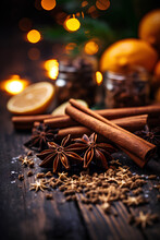 Christmas Still Life With Cinnamon And Spices On Dark Wooden Background