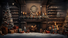 Interior Of Christmas Room With Christmas Decorations And Fireplace