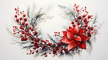 Christmas Watercolor Wreath With Red Berries On A White Background.