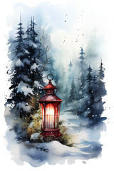 Wall Mural - christmas card with fir tree branches and red lantern