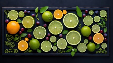 Sticker -  a picture of a tray of citrus fruit with leaves and berries.  generative ai