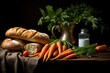 © Althea - Fresh carrots, leaves, and bread rest on a table. Generative AI