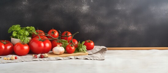 Empty wooden board with cooking ingredients on concrete table for food menu Composition with textile and tomatoes