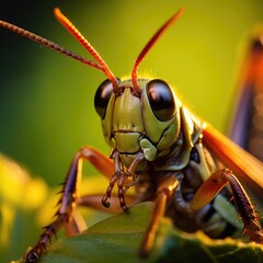 Poster - A close up of a grasshopper on a leaf. Generative AI.