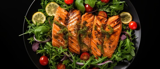 Wall Mural - Top view of a salmon salad with grilled fish tomatoes and mixed greens