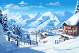 Illustrated winter ski resort scenes. Generative AI