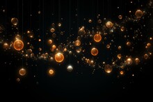 Abstract Illustration Of Shiny Balls In Random Order Hanging In The Air On A Black Background. A Cloud Of Orange Shiny Bubbles. Generative AI