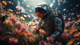 astronaut in a field with wild flowers growing - concept art. 