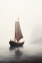 Sailing Viking Row Ships On River. Drakkar, Longships. Scandinavian Warrior Generative Ai