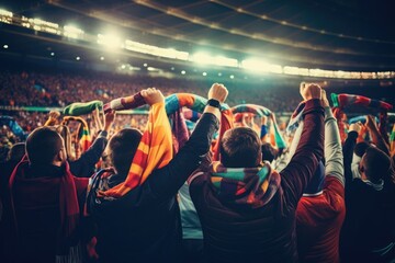 Group of football fans are cheering for their team victory mix colour t shirt. Generative ai