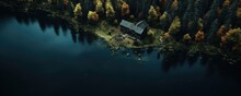 Aerial View Of Wooden Cottage In Forest Near The Lake. Generative Ai