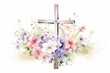 Artwork of watercolor wildflowers on a cross, featuring meadow florals for religious occasions like baptism or Easter, as well as rustic wedding cards. Generative AI
