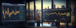 Creative workplace with forex chart on window with night city view. Trade and finance concept