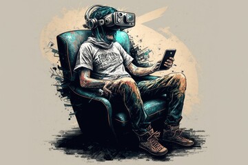 Canvas Print - Young man with virtual reality goggles sitting in an armchair