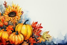 Watercolor Pumpkins, Sunflower And Maple Leaves On A White Background, Side View. Thanksgiving Day
