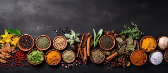 Canvas Print - High quality photo of herbs and spices for cooking on a dark background with copy space for a mock up banner