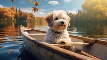 Cute Dog Sitting Boat In Canoe River Water Picture AI Generated Art