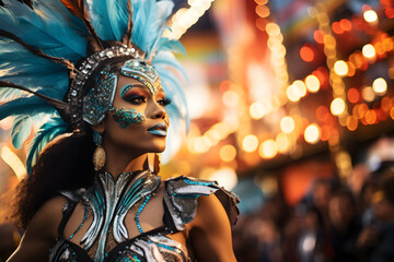 Beautiful closeup portrait of young woman in traditional Samba Dance outfit and makeup for the brazilian carnival. Rio De Janeiro festival in Brazil.