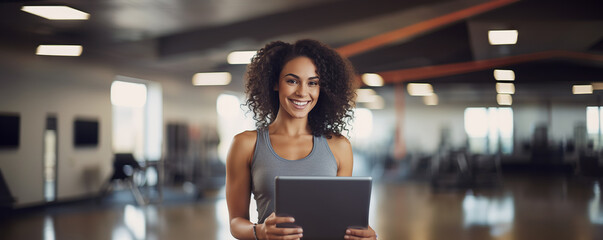 Positive pretty girl with an athletic figure holding tablet computer. Healthy lifestyle and fitness concept. Copy space	