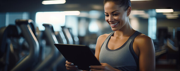 Positive pretty girl with an athletic figure holding tablet computer. Healthy lifestyle and fitness concept. Copy space	