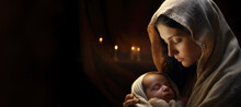 Portrait Of Mary With Baby Jesus, Blurred Background With Copy Space
