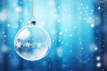 Wall Mural - Snow Glass Globe on Blue Blurred Christmas Background