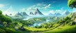 Illustration of a green forest highway in a floating isolated land with a beautiful landscape including mountains a volcano trees and animals as well as a realistic road waterfall and grass