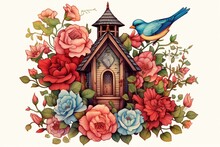 Illustration Of A Birdhouse Covered In Roses And Flowers. Generative AI