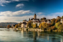 A wide cityscape with ancient Schaffhausen and the historic Munot fortress in Switzerland. Generative AI