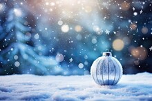 Christmas Tree Ball On A Snow Blanket With Light Bokeh Background. 